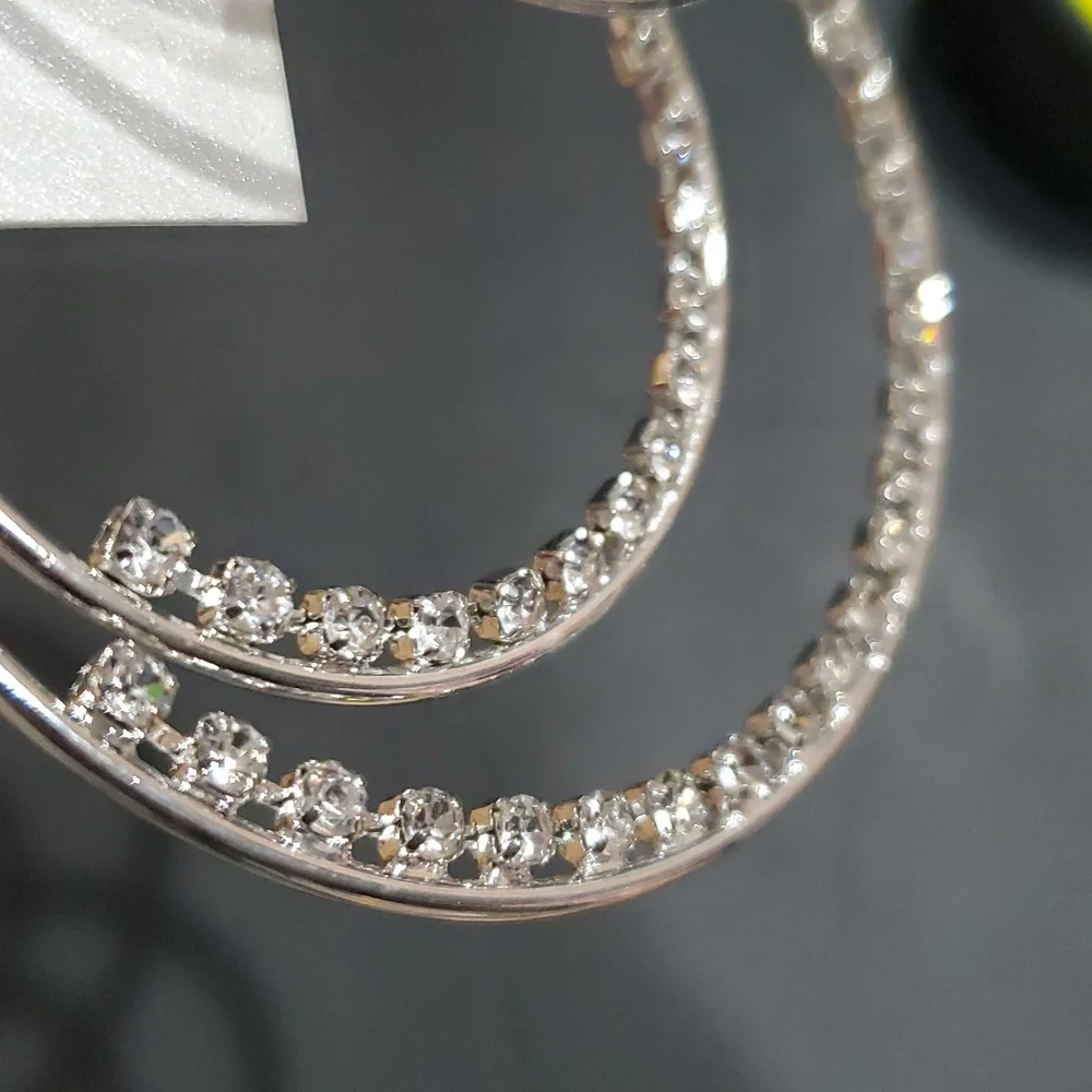 Natasha couture silver tone cz crystal rhinestone trim double hoop earrings new - Picture 10 of 10